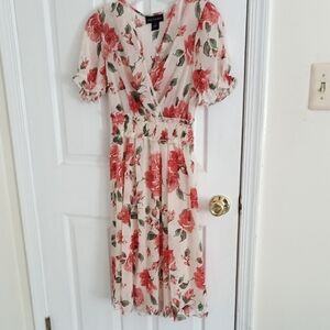 Stella & Julie Elegant Sheer Cream Midi Dress Size 4 Coral Red Rose print